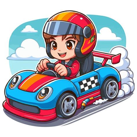 Niño de dibujos animados conduciendo un coche de carreras Vector