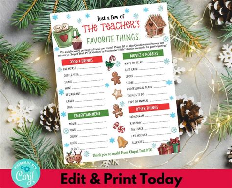 Editable Teacher Holiday Wish List Christmas Teacher Favorites Survey