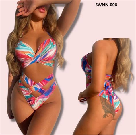 Allover Print Criss Cross Push Up Bikini Swimsuit Novelty Nook