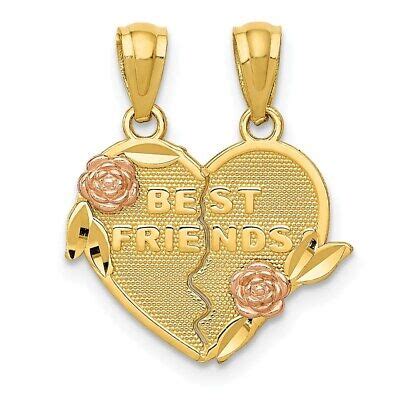 14k Gold Two Tone BEST FRIENDS Break Apart Heart Charm Pendant 0 75