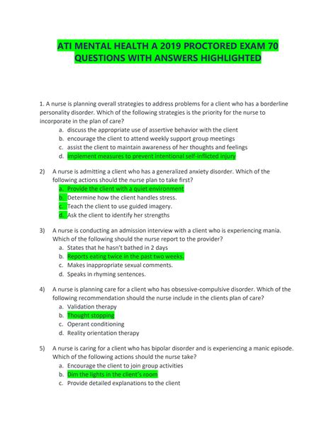 Solution Ati Mental Health A 2019 Proctored Exam 70 Questions With