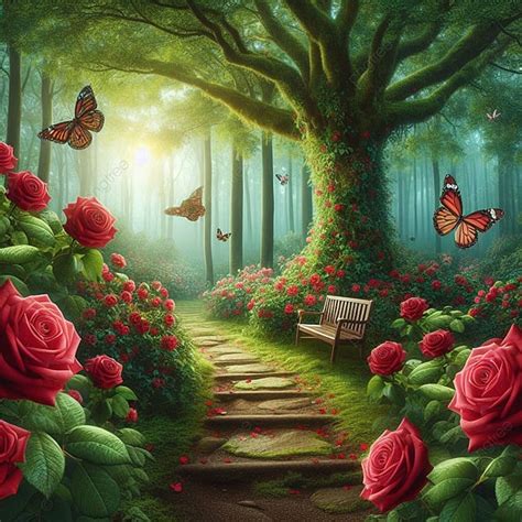 Lush Green Forest Of Red Roses Background Green Forest Red Roses