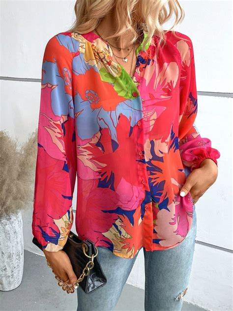 Floral Print Lantern Sleeve Blouse In 2024 Lantern Sleeved Blouses