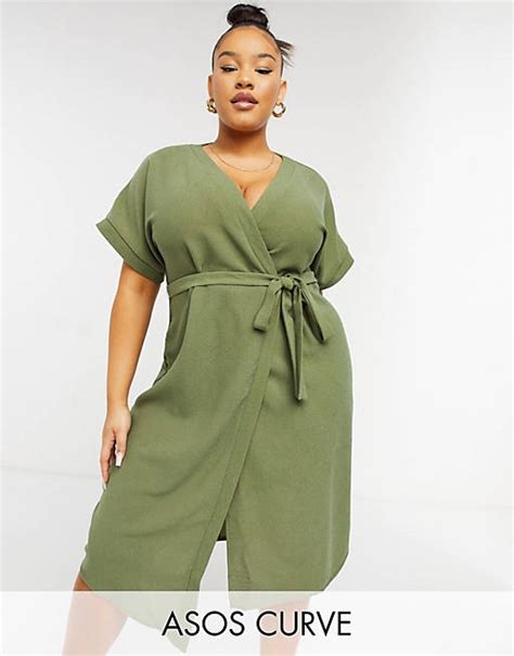 Asos Design Curve Wrap Midi Dress In Khaki Asos