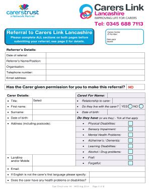 Fillable Online Pendleviewmedicalcentre Co Referral To Carers Link