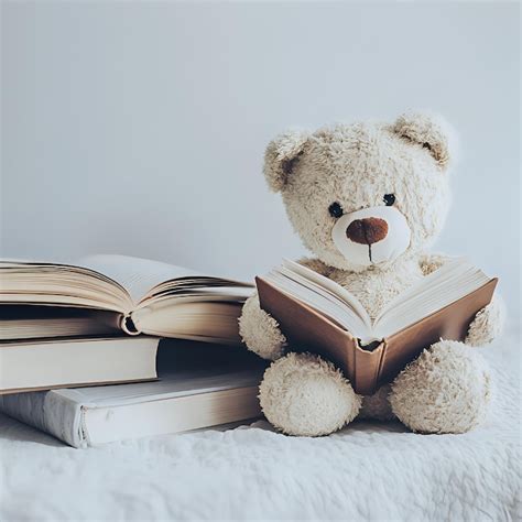 Teddy Bear Reading Book With Pile Of Books On One Side Premium Ai