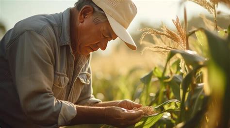 Premium Ai Image Asian Farmer In A Corn Field Growing Up Using A