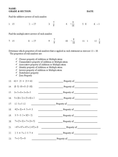 Properties Of Real Numbers Worksheet Worksheets Library Worksheets Library