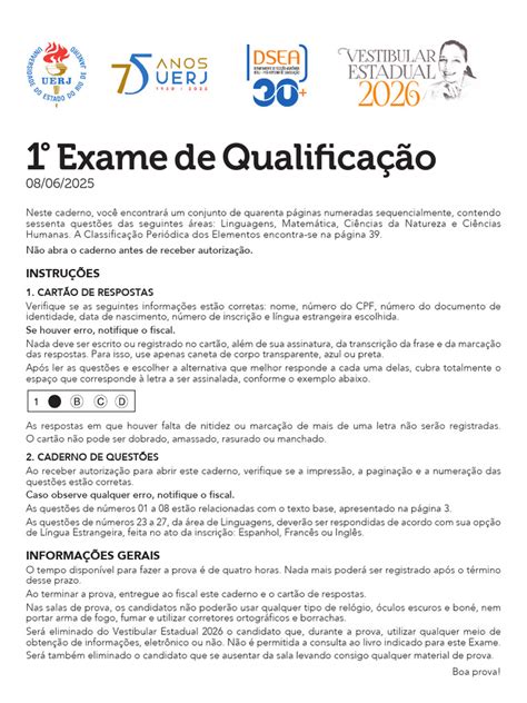Prova De Vestibular - Prova Vestibular Estadual 2026: Instruções e Questões | PDF
