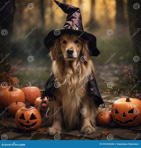 Golden Retriever in Halloween Costume with Pumpkins in the Park ...