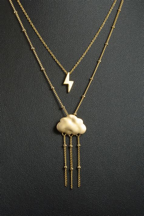 Lightning And Rain Cloud Layered Necklace Gold Thunder Storm Weather