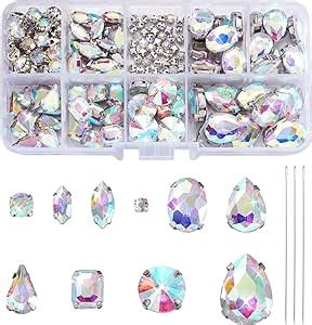 PandaHall 180pcs Glass Sew On Rhinestones With Needles Crystal AB Sew