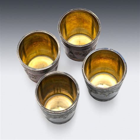 20th Century Russian Set Of Four Solid Silver And Lacquer Beakers C