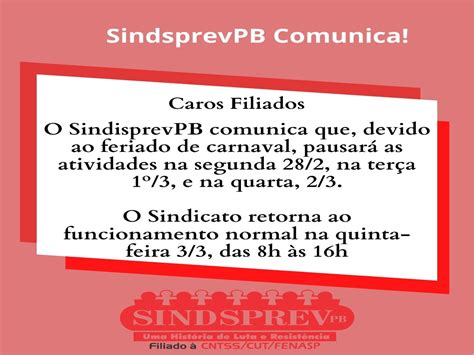 Saiba Como Fica O Funcionamento Do Sindsprevpb No Carnaval Sindsprev Pb