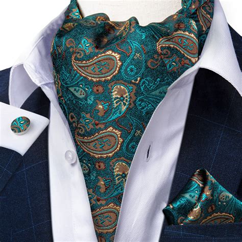 Luxury Mens Silk Ascot Tie Paisley Teal Green Men Wedding Party Neckite Handkerchief Cufflinks