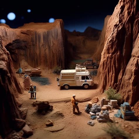 Miniature People Traveler With Camper Van In The Desert Stop