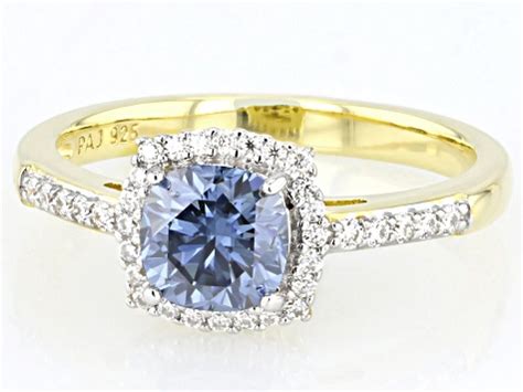 Navy Blue And Colorless Moissanite K Yellow Gold Over Silver Halo