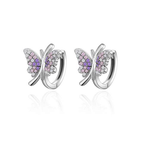 Purple Zircon Butterfly Silver Hoop Earrings For Women In Women