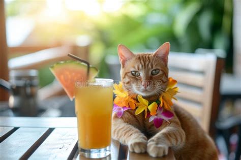 Cat Hawaii Cat Cat With A Lei Beside A Tropical Drink Cat On Summer