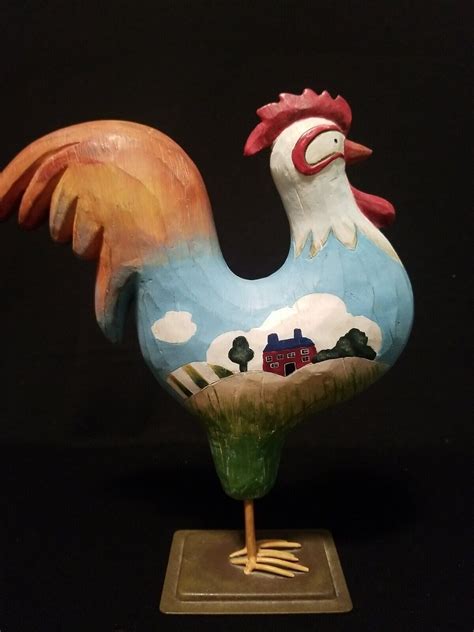 Rooster Folk Art Carved Wood Metal Stand Russ Berrie Farmhouse Hand