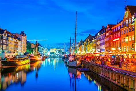 COPENHAGEN, DENMARK, AUGUST 20, 2016: Night View of the Old Nyhavn Port ...