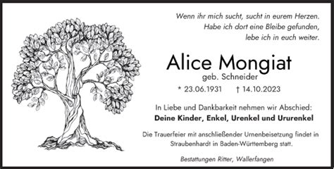 Traueranzeigen Von Alice Mongiat Saarbruecker Zeitung Trauer De