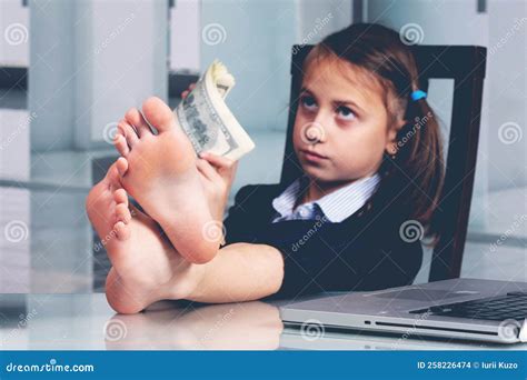 Humorous Portrait Of Happy Cute Young Business Girl Counts Money Profit