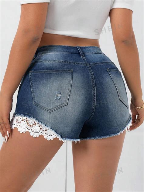 Shein Essnce Shorts Informales De Encaje Y Mezclilla Para Mujeres De