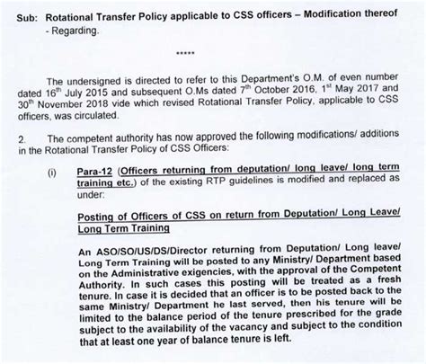 Revised Rotational Transfer Policy Applicable To Css Officers Latest