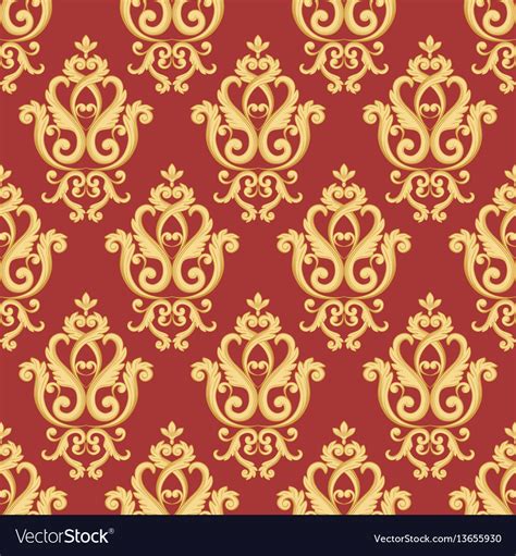 Seamless Damask Pattern Gold And Red Texture Vector Image