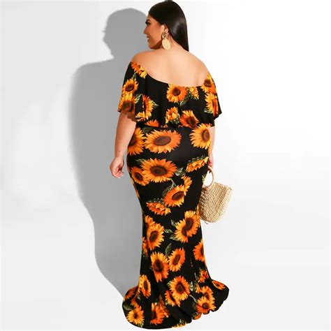 Plus Size Sunflower Print Shoulder Ruffle Trim Bodycon Maxi Temu