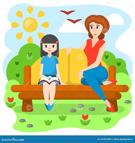 Mom And Daughter Are Sitting On The Bench Stock Vector Illustration