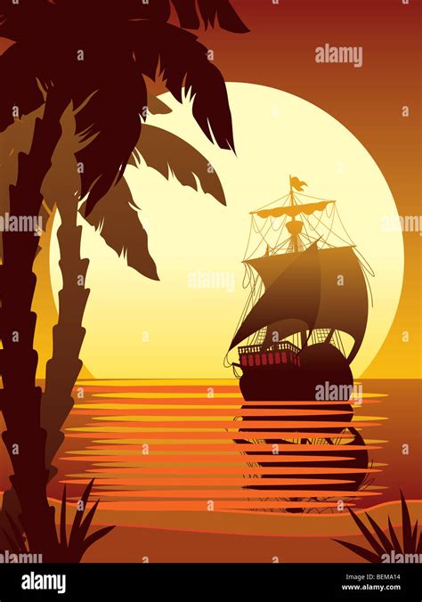 Illustration Of Ancient Ship Sailing Into The Sunset Stock Photo Alamy