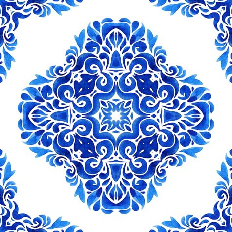 Azul E Branco M O Desenhada Padr O De Pintura Em Aquarela Ornamental