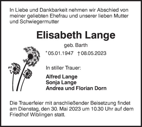 Traueranzeigen Von Elisabeth Lange S Dwest Presse Trauer