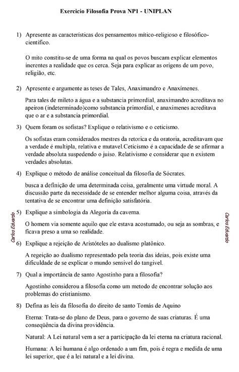 Exercício Filosofia Prova NP1 UNIP Filosofia