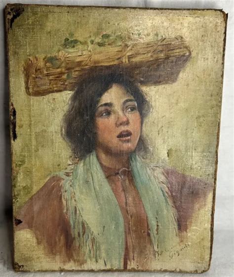 Ancien Tableau Sur Toile Sign Giacinto Gigante Portrait Xixeme Eur