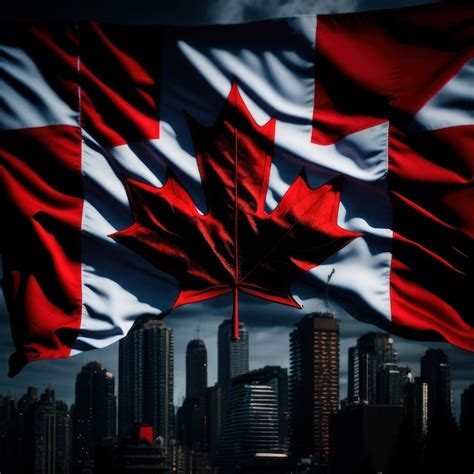 Premium Ai Image A Flag With A Red Maple Leaf Is In Front Of A Cityscape