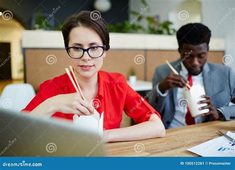 Busy Managers Having Lunch At Office Stock Image Image Of Workplace