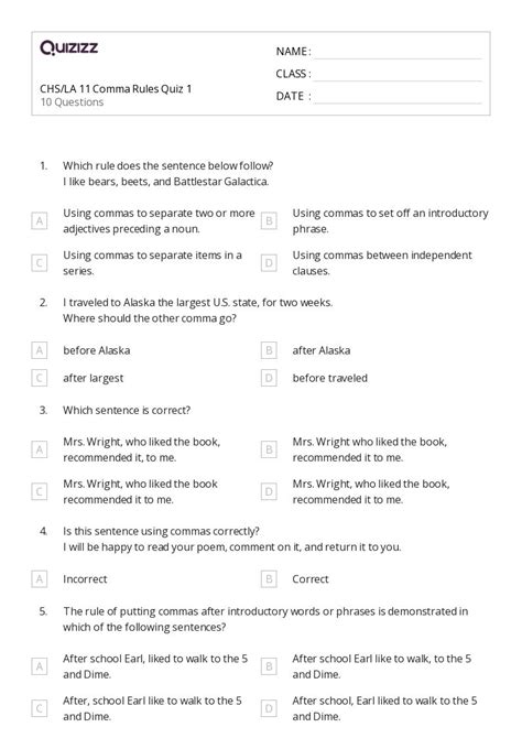 Commas After An Introductory Phrase Worksheets For Th Class On