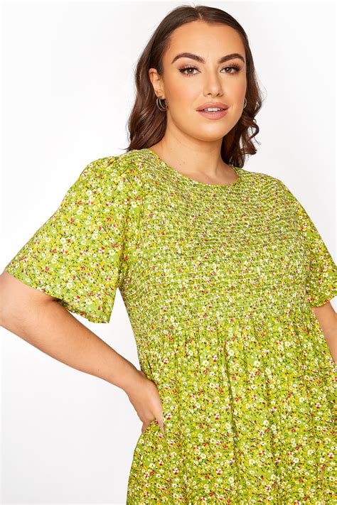 Lime Green Ditsy Floral Shirred Peplum Top Yours Clothing