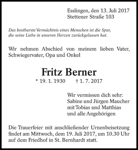 Traueranzeigen Von Fritz Berner Zeit Des Gedenkens De