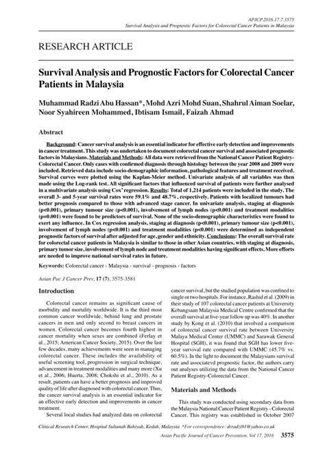 Pdf Survival Analysis And Prognostic Factors For Colorectal Cancer Patients In Malaysia