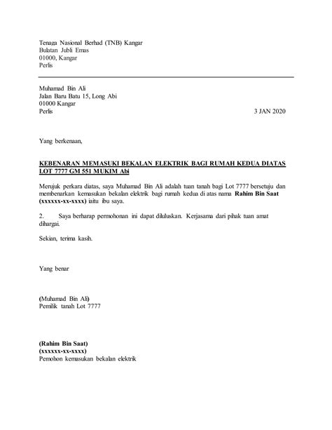 Surat Contoh Permohonan Memasuki Elertrik Melalui Tnb PDF