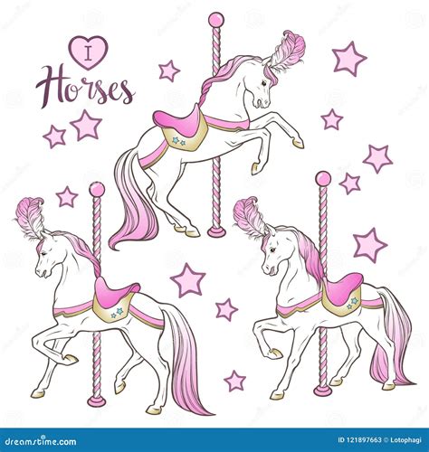 Carousel Cute Merry Go Round With Horses Coloring Book Pages For Kids