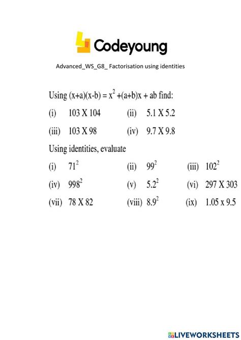 Advanced Ws G8 Factorisation Using Identities Worksheet Live Worksheets