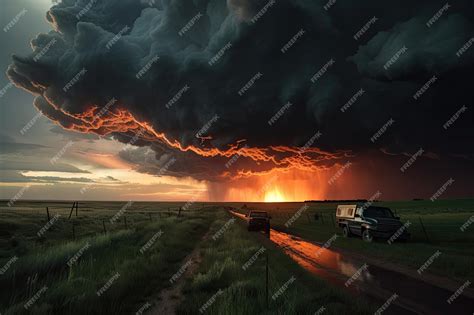 Premium AI Image | Stunning sunset with storm clouds and tornadoes in ...