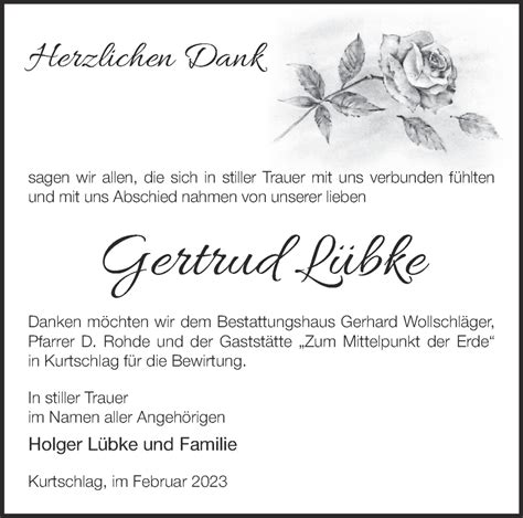 Traueranzeigen von Gertrud Lübke Märkische Onlinezeitung Trauerportal