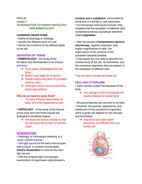 General Histology And Embryology Prelim Lesson 1 Introduction To