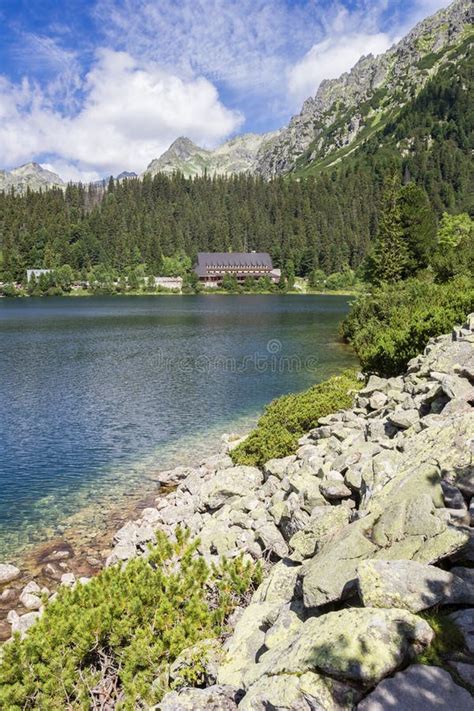 Boulders On The Shore Of The Mountain Lake Popradske Pleso Stock Photo